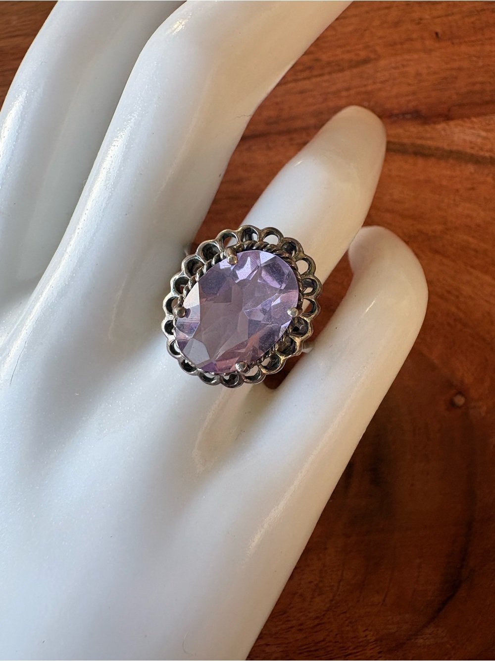 Vintage Sterling Silver Ring with Large Lavender Crystal - Size 8.5